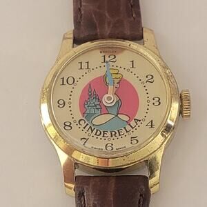 Bradley Cinderella Girls Watch Gold Case Cream Dial Brown Leather Vintage Swiss